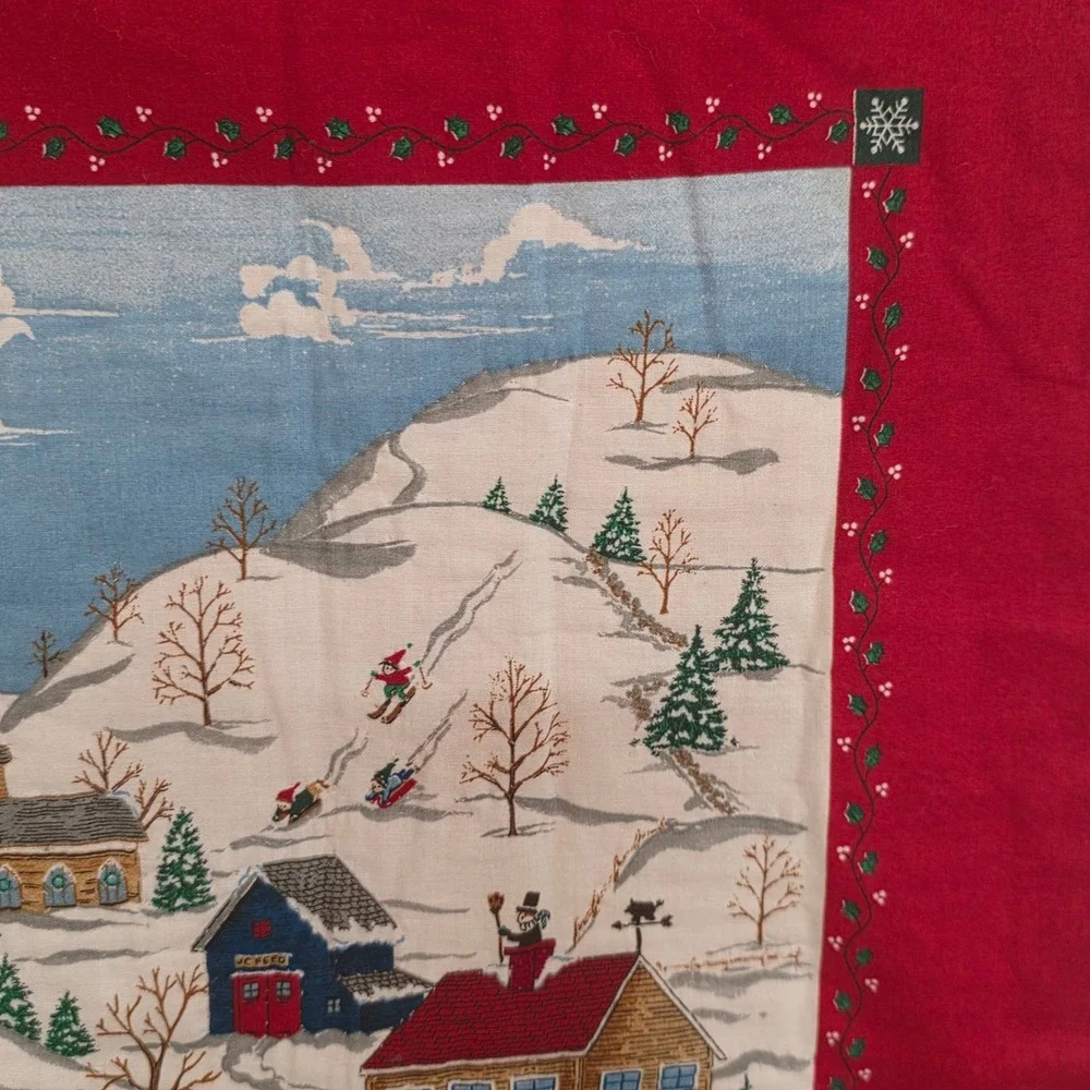 Vintage Christmas Winter Village Scenic Red Border Wall Hanging Ribbon Loops